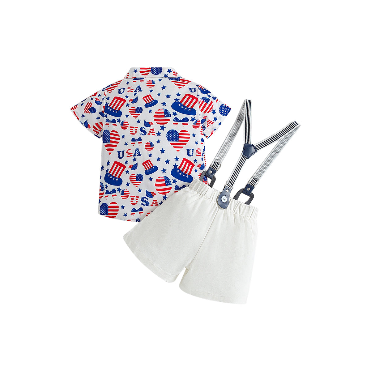 Boys White Graphic Printed Shirt Collar Shirt & Shorts With Suspenders