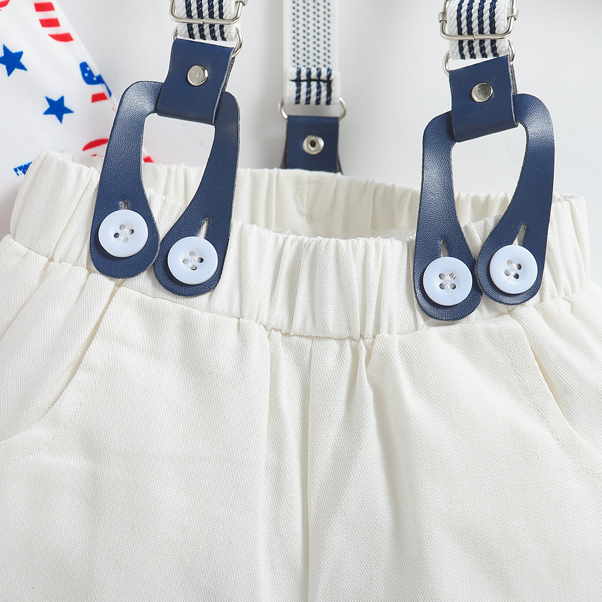 Boys White Graphic Printed Shirt Collar Shirt & Shorts With Suspenders