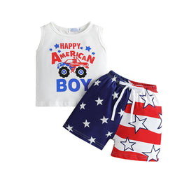 Boys White Typography Printed Top with Shorts