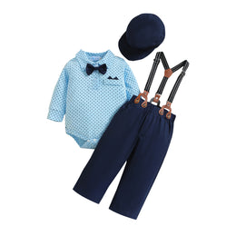 Infant Boys Blue Printed Bodysuit With Trousers & Suspenders & Cap