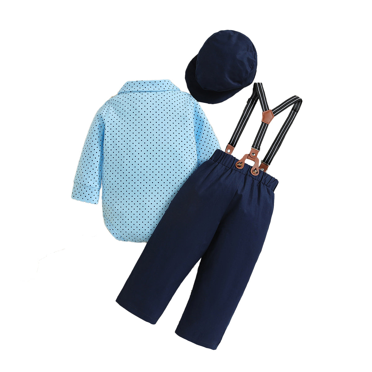 Infant Boys Blue Printed Bodysuit With Trousers & Suspenders & Cap