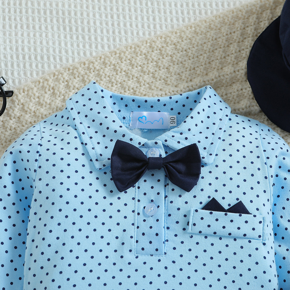 Infant Boys Blue Printed Bodysuit With Trousers & Suspenders & Cap