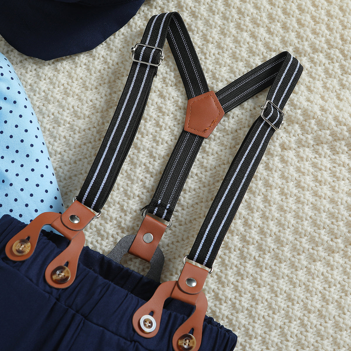 Infant Boys Blue Printed Bodysuit With Trousers & Suspenders & Cap