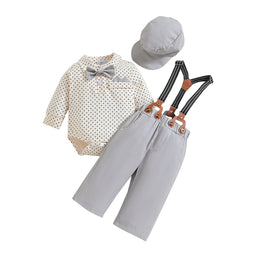 Boys Beige & Grey Printed Shirt with Trousers & Suspenders