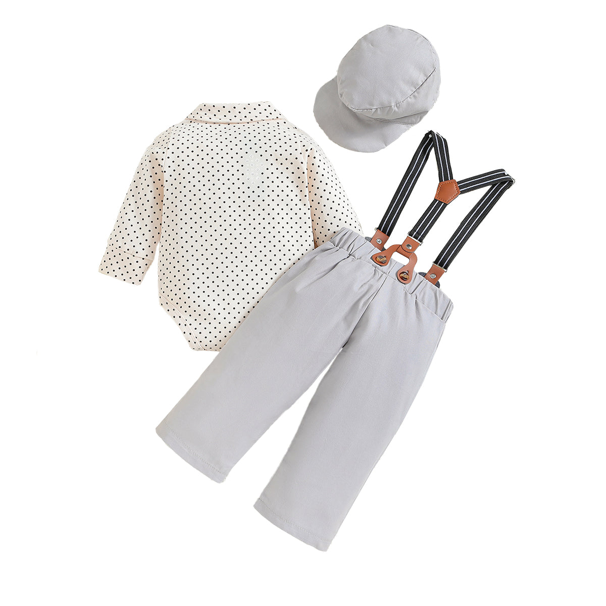 Boys Beige & Grey Printed Shirt with Trousers & Suspenders