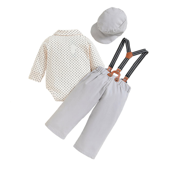 Boys Beige & Grey Printed Shirt with Trousers & Suspenders
