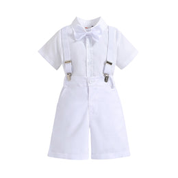 Boys White Shirt Collar Short Sleeves Shirt With Shorts & Suspenders