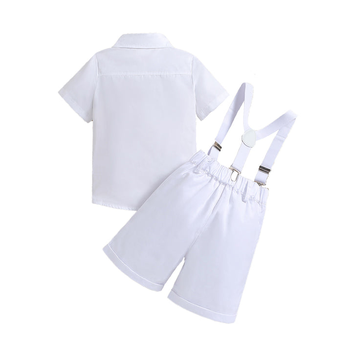 Boys White Shirt Collar Short Sleeves Shirt With Shorts & Suspenders