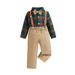 Boys Khaki Checked Shirt & Trousers With Suspenders
