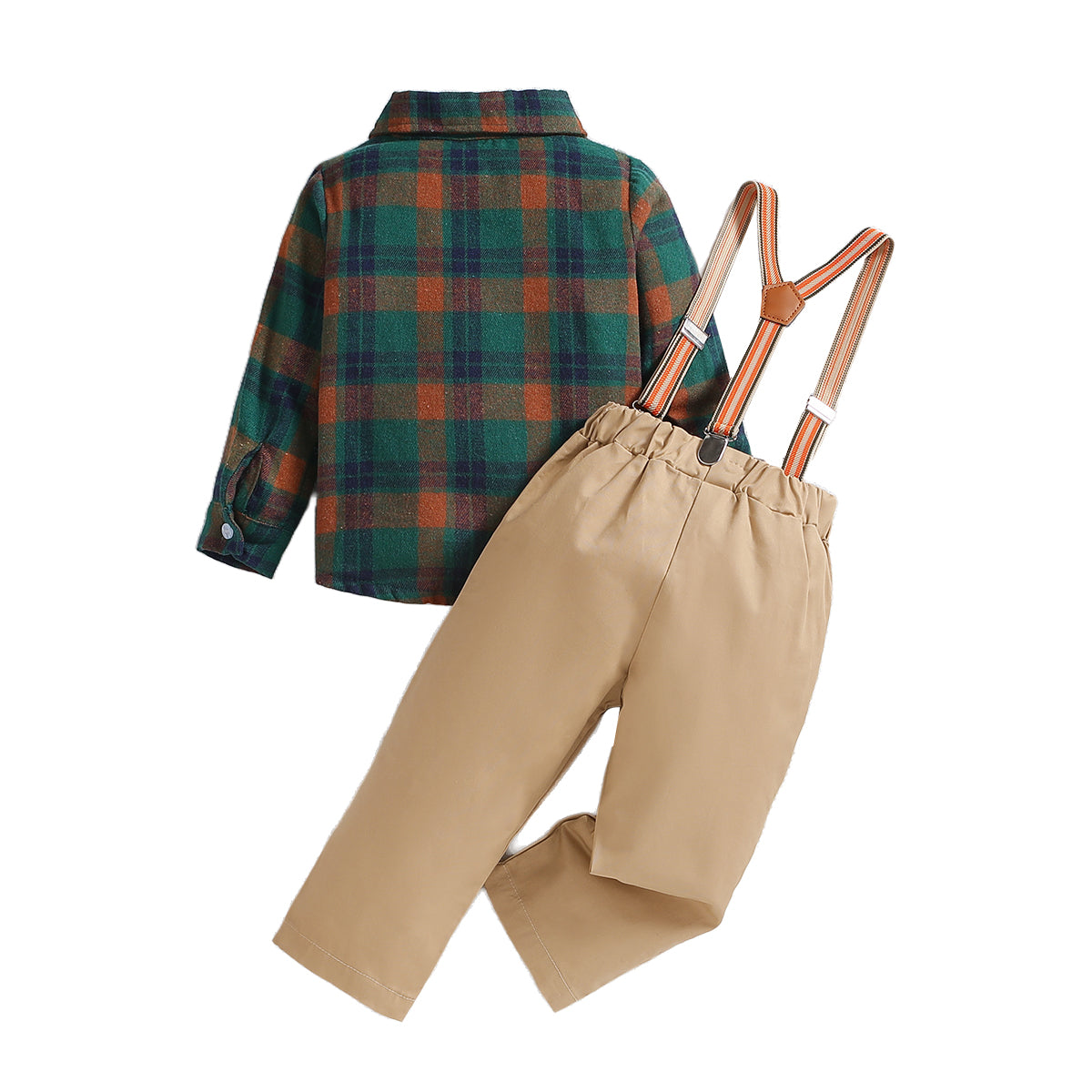 Boys Khaki Checked Shirt & Trousers With Suspenders