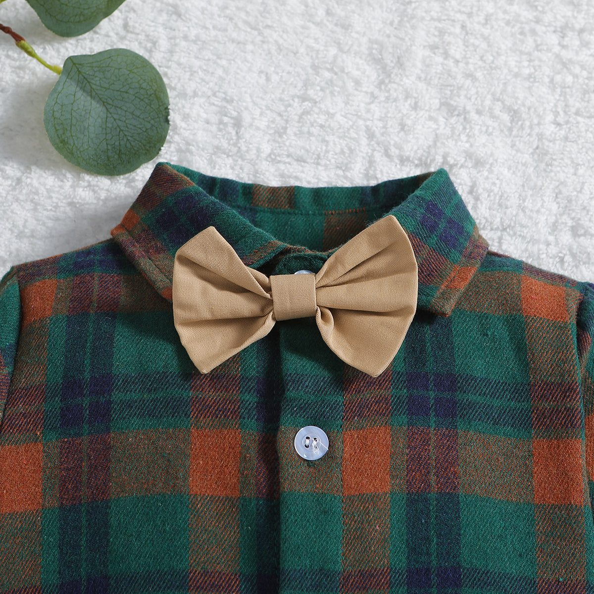 Boys Khaki Checked Shirt & Trousers With Suspenders