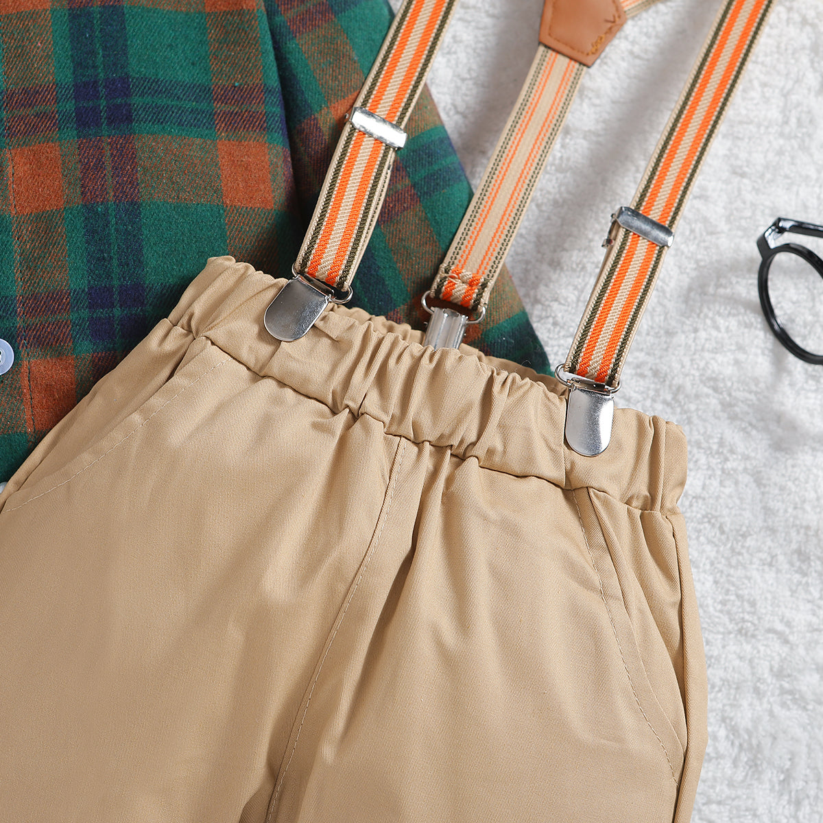 Boys Khaki Checked Shirt & Trousers With Suspenders