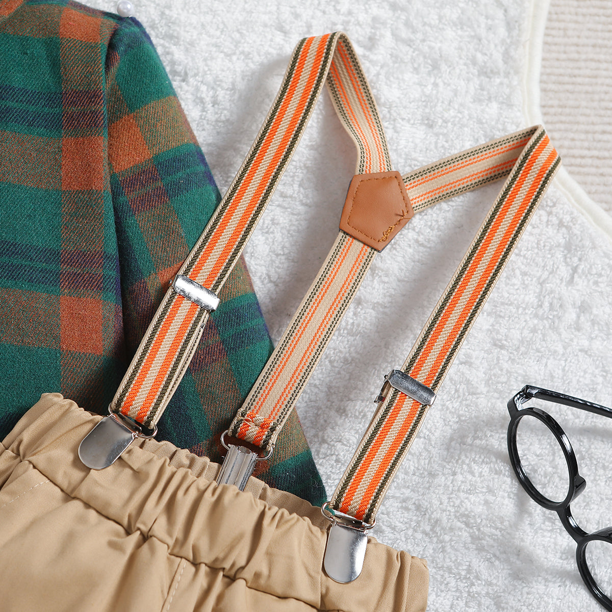 Boys Khaki Checked Shirt & Trousers With Suspenders