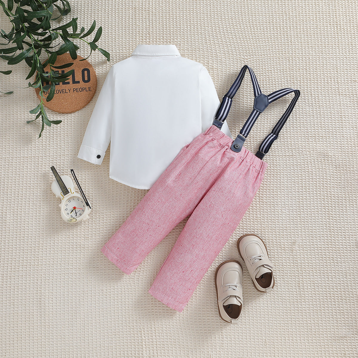 Boys Pink & White Shirt with Trousers & Suspenders