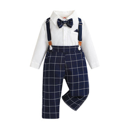 Boys Navy Blue & White Checked Shirt With Trousers & Suspenders