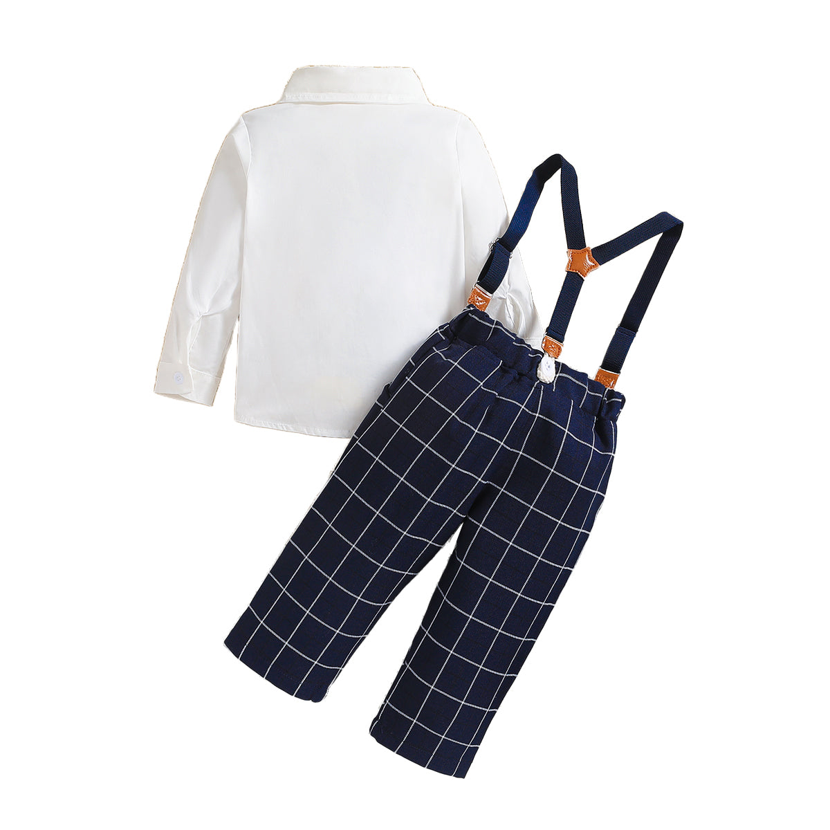 Boys Navy Blue & White Checked Shirt With Trousers & Suspenders
