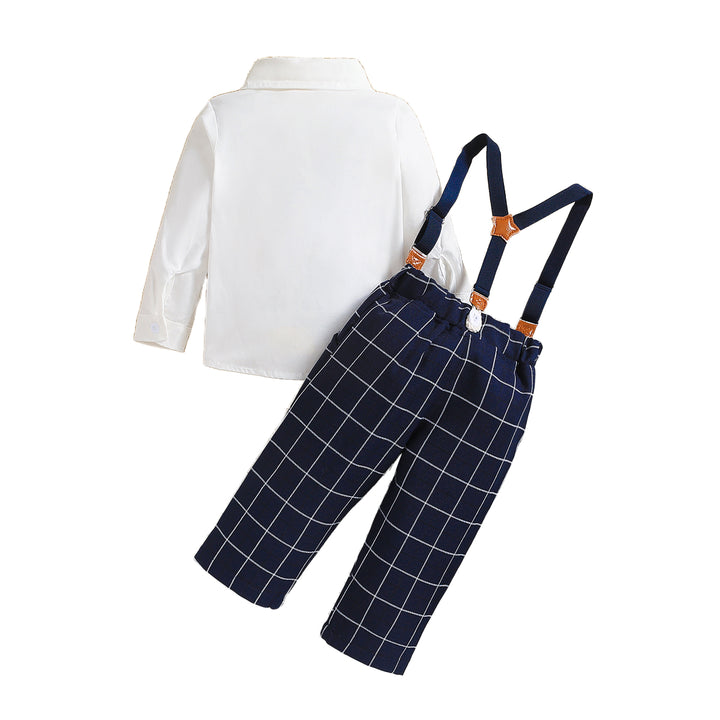 Boys Navy Blue & White Checked Shirt With Trousers & Suspenders