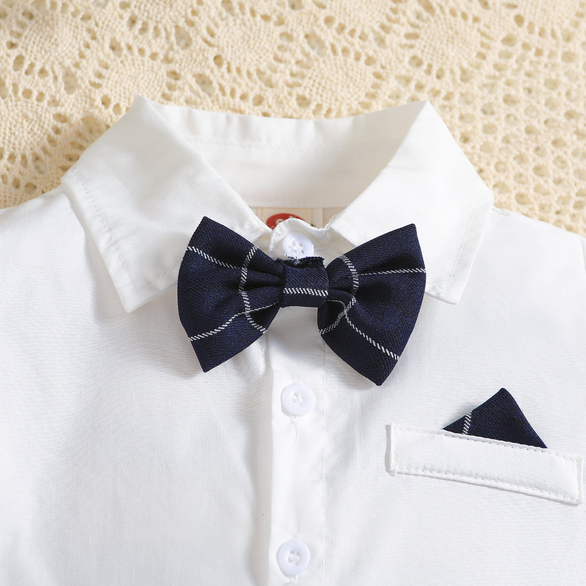 Boys Navy Blue & White Checked Shirt With Trousers & Suspenders