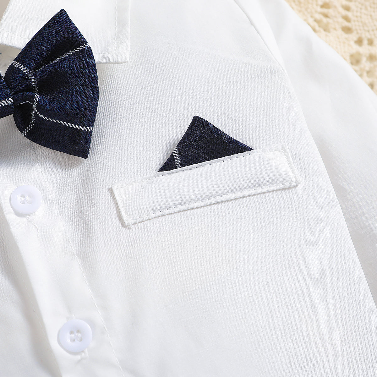 Boys Navy Blue & White Checked Shirt With Trousers & Suspenders