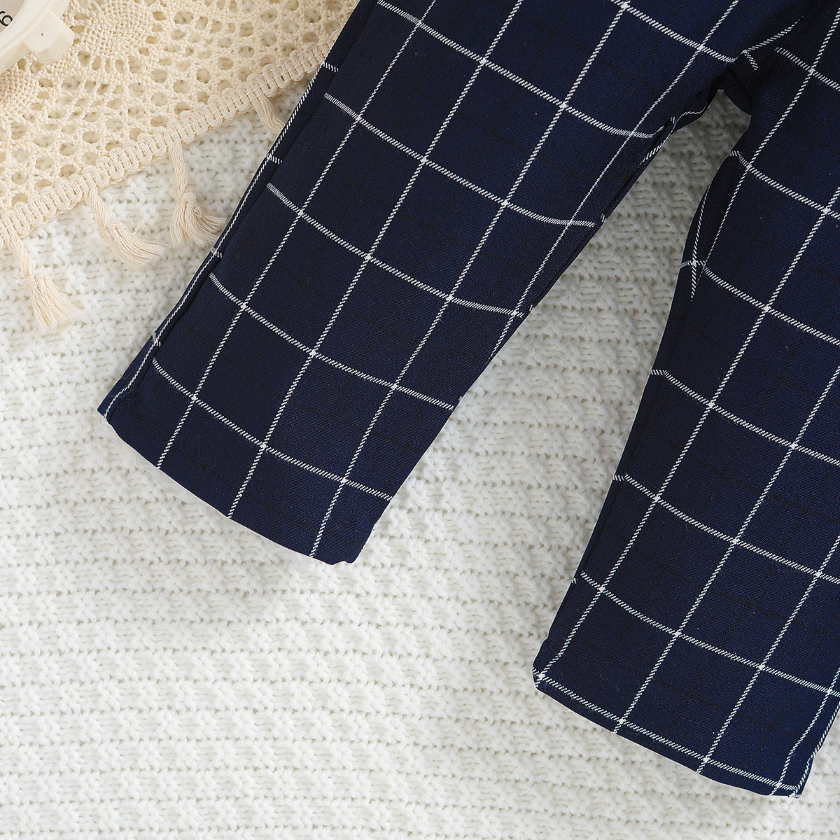 Boys Navy Blue & White Checked Shirt With Trousers & Suspenders