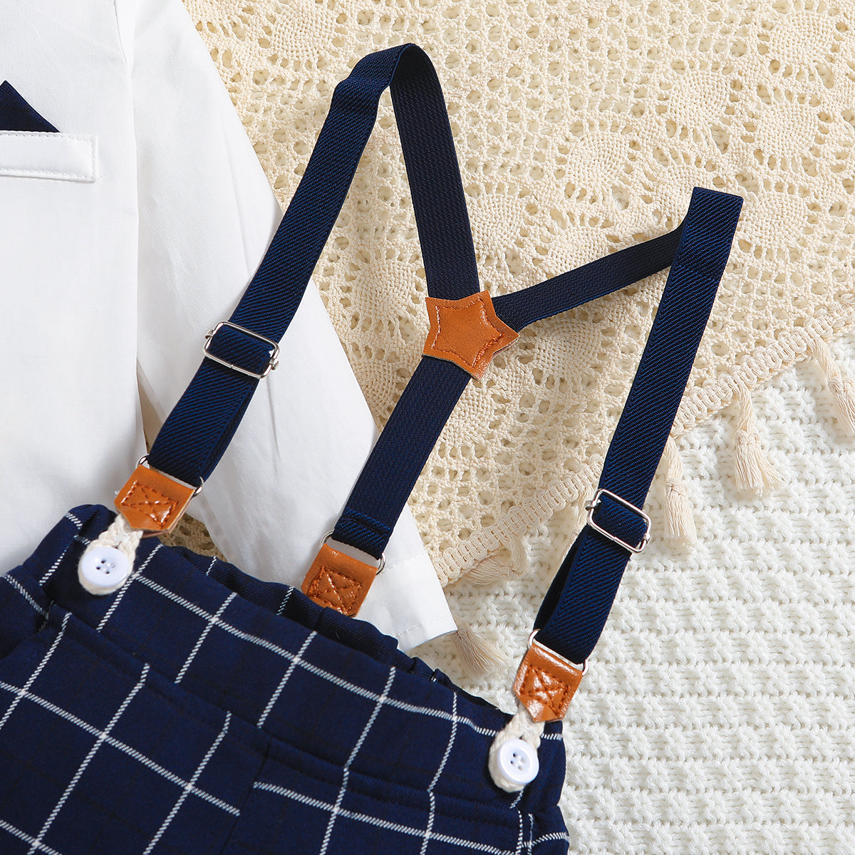 Boys Navy Blue & White Checked Shirt With Trousers & Suspenders