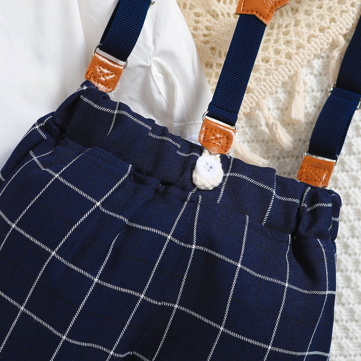 Boys Navy Blue & White Checked Shirt With Trousers & Suspenders