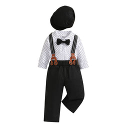 Boys Black Polka Dots Printed Shirt With Trouser & Suspenders & Cap