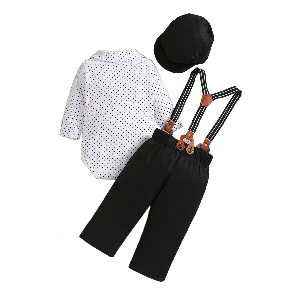 Boys Black Polka Dots Printed Shirt With Trouser & Suspenders & Cap