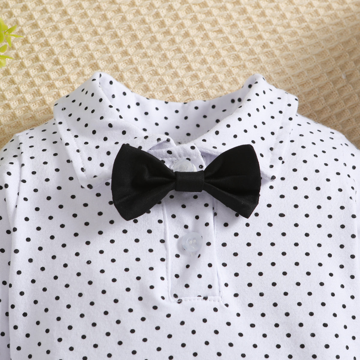 Boys Black Polka Dots Printed Shirt With Trouser & Suspenders & Cap