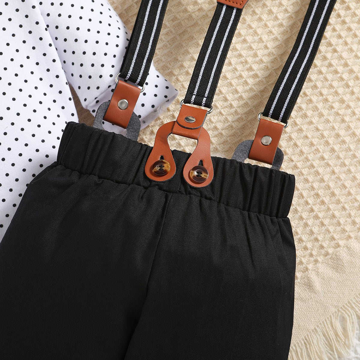Boys Black Polka Dots Printed Shirt With Trouser & Suspenders & Cap