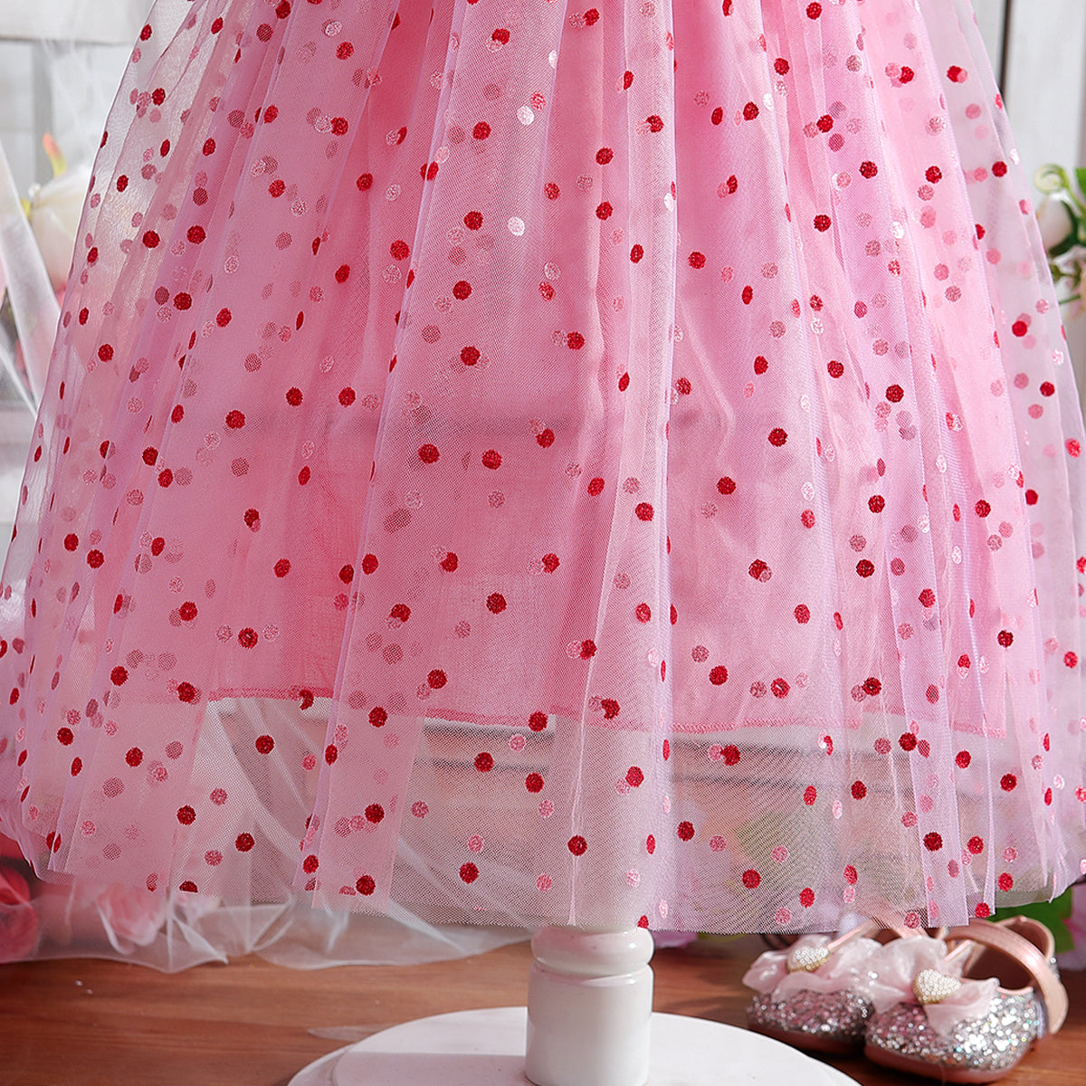 Pink Self Design Shoulder Straps Ruffles Cotton Fit and Flare Dress