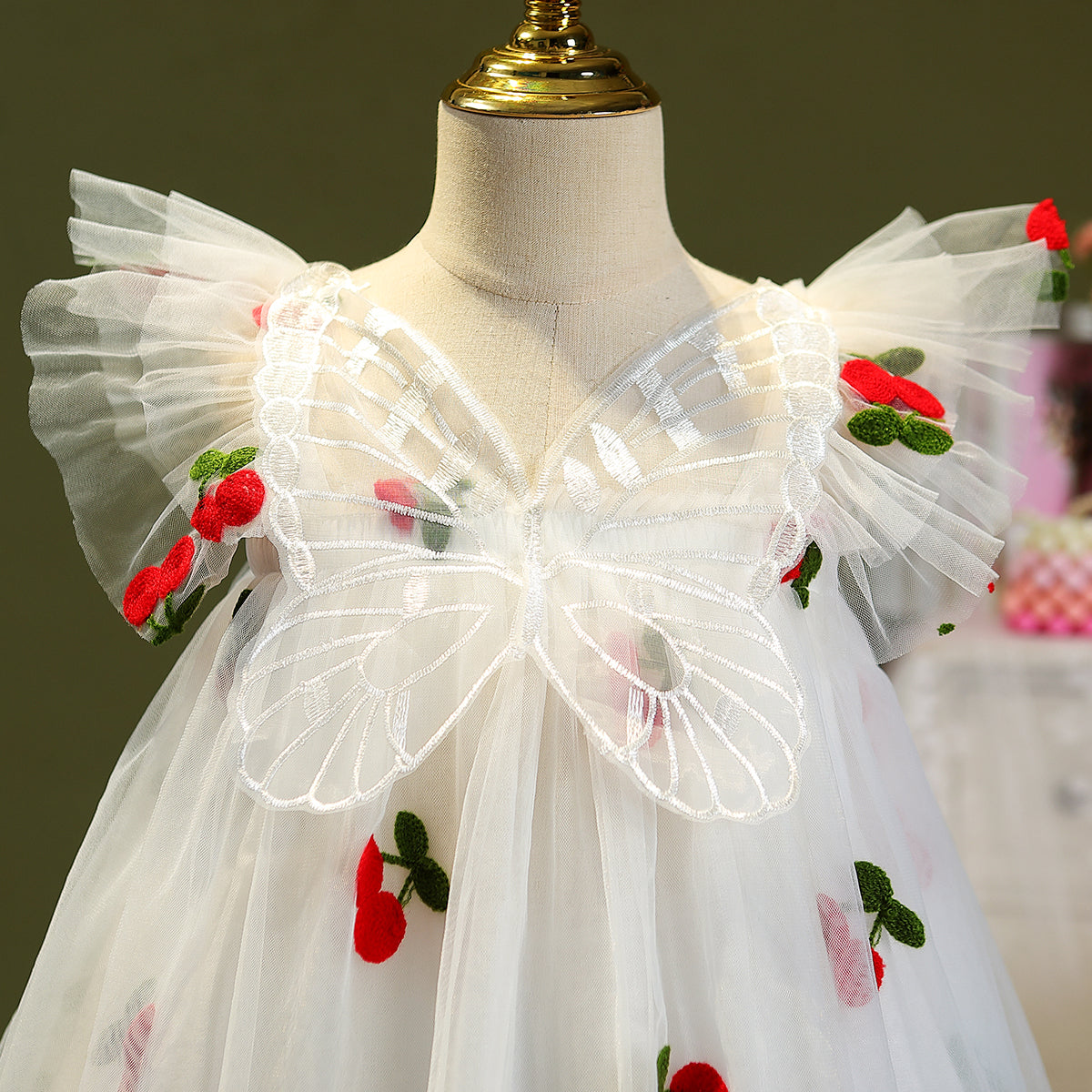 Girls White & Red Floral Applique Fit & Flare Dress