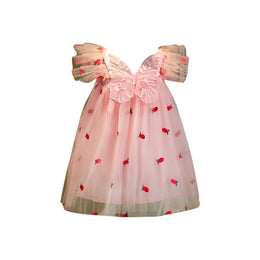 Girls Pink Self Design Square Neck Flared Sleeves A-Line Dress