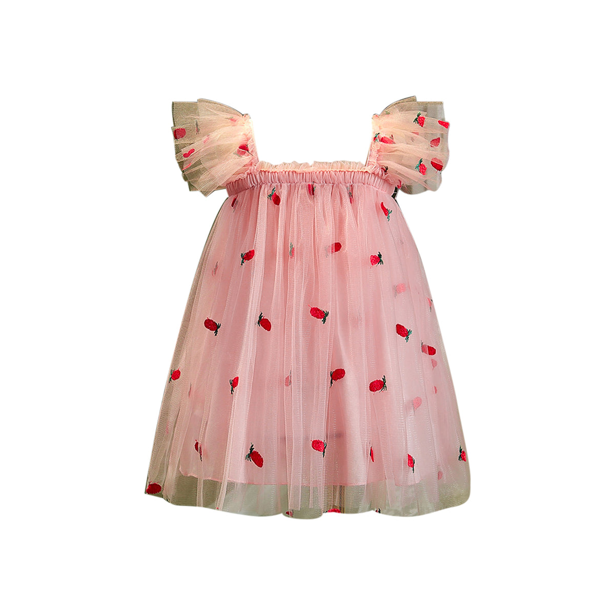 Girls Pink Self Design Square Neck Flared Sleeves A-Line Dress