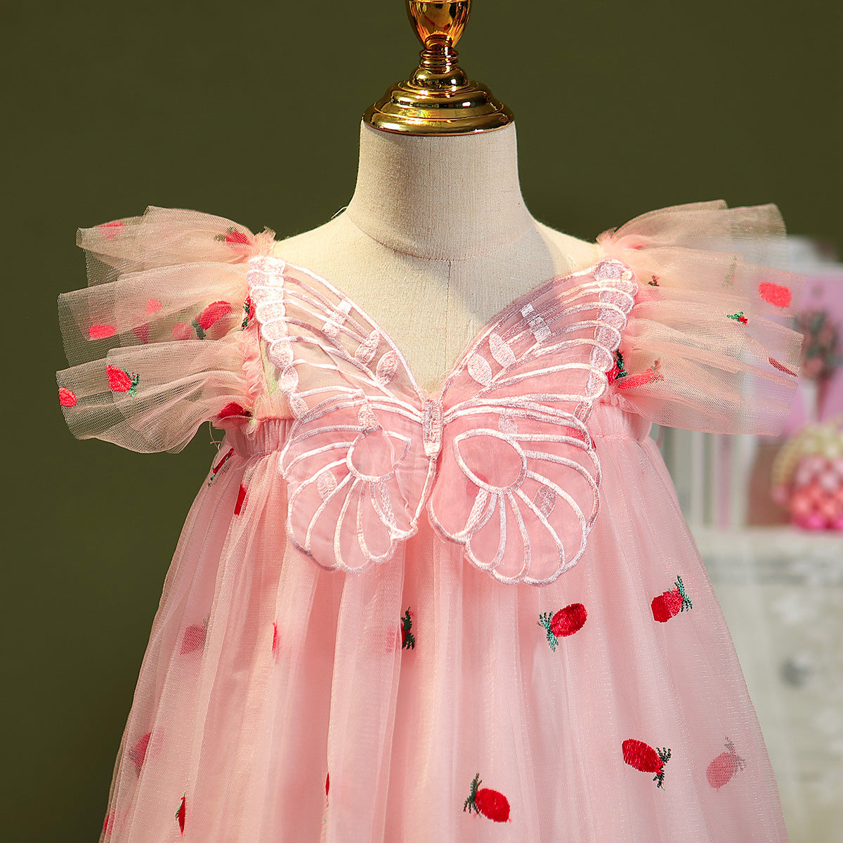 Girls Pink Self Design Square Neck Flared Sleeves A-Line Dress