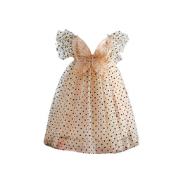 Girls Beige Polka Dot Printed Applique A-Line Dress