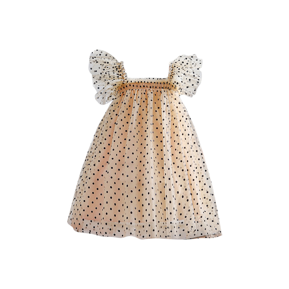 Girls Beige Polka Dot Printed Applique A-Line Dress