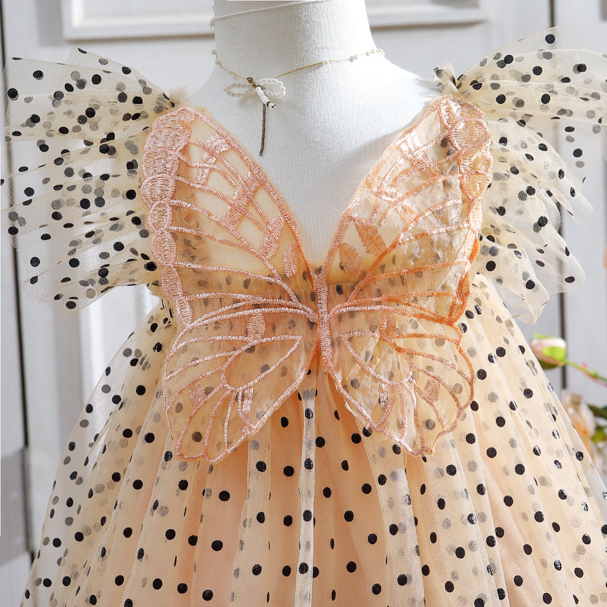 Girls Beige Polka Dot Printed Applique A-Line Dress