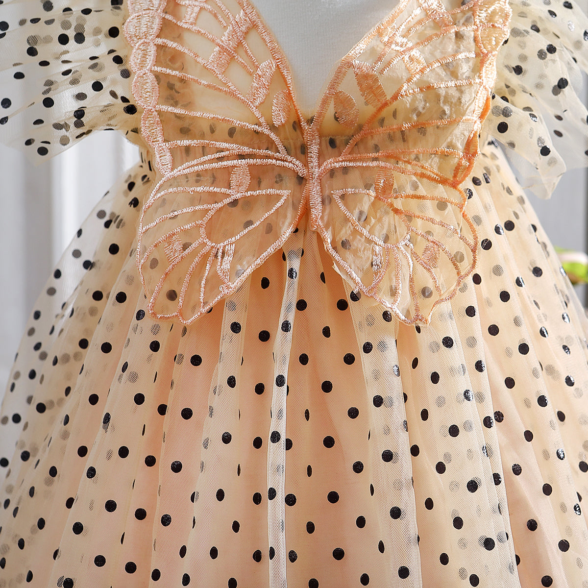 Girls Beige Polka Dot Printed Applique A-Line Dress