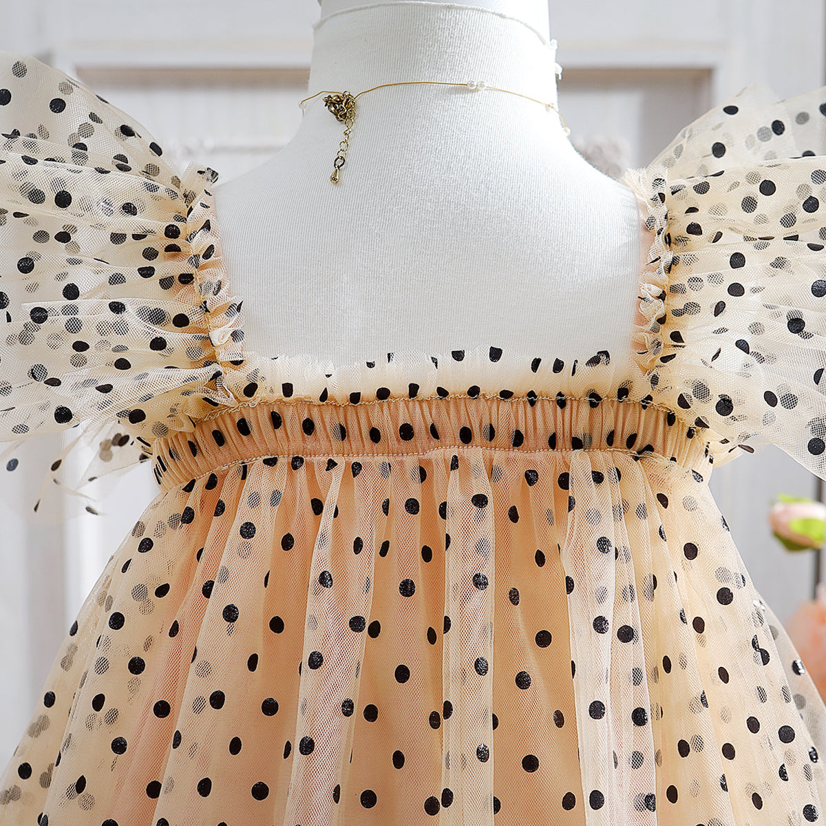 Girls Beige Polka Dot Printed Applique A-Line Dress