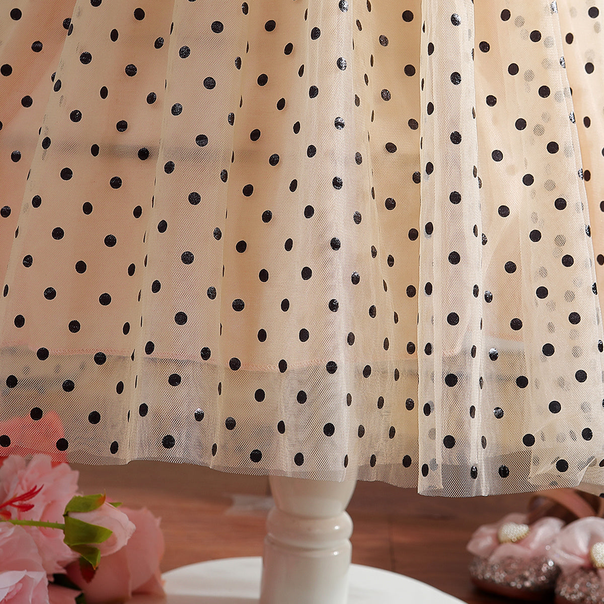 Girls Beige Polka Dot Printed Applique A-Line Dress