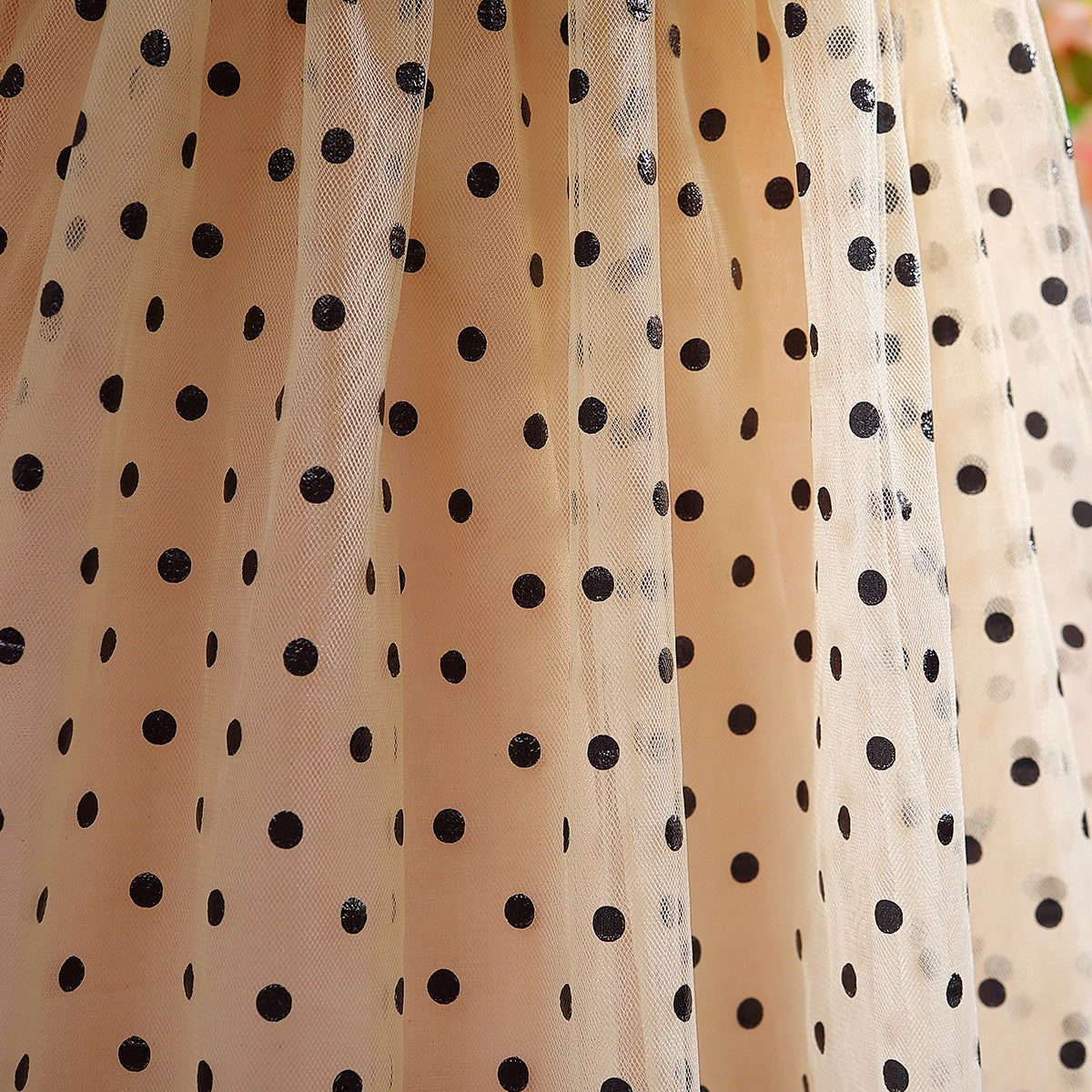 Girls Beige Polka Dot Printed Applique A-Line Dress