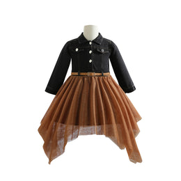 Girls Shirt Collar Denim Balloon Midi Dress