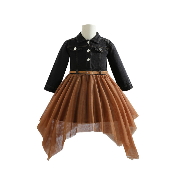 Girls Shirt Collar Denim Balloon Midi Dress
