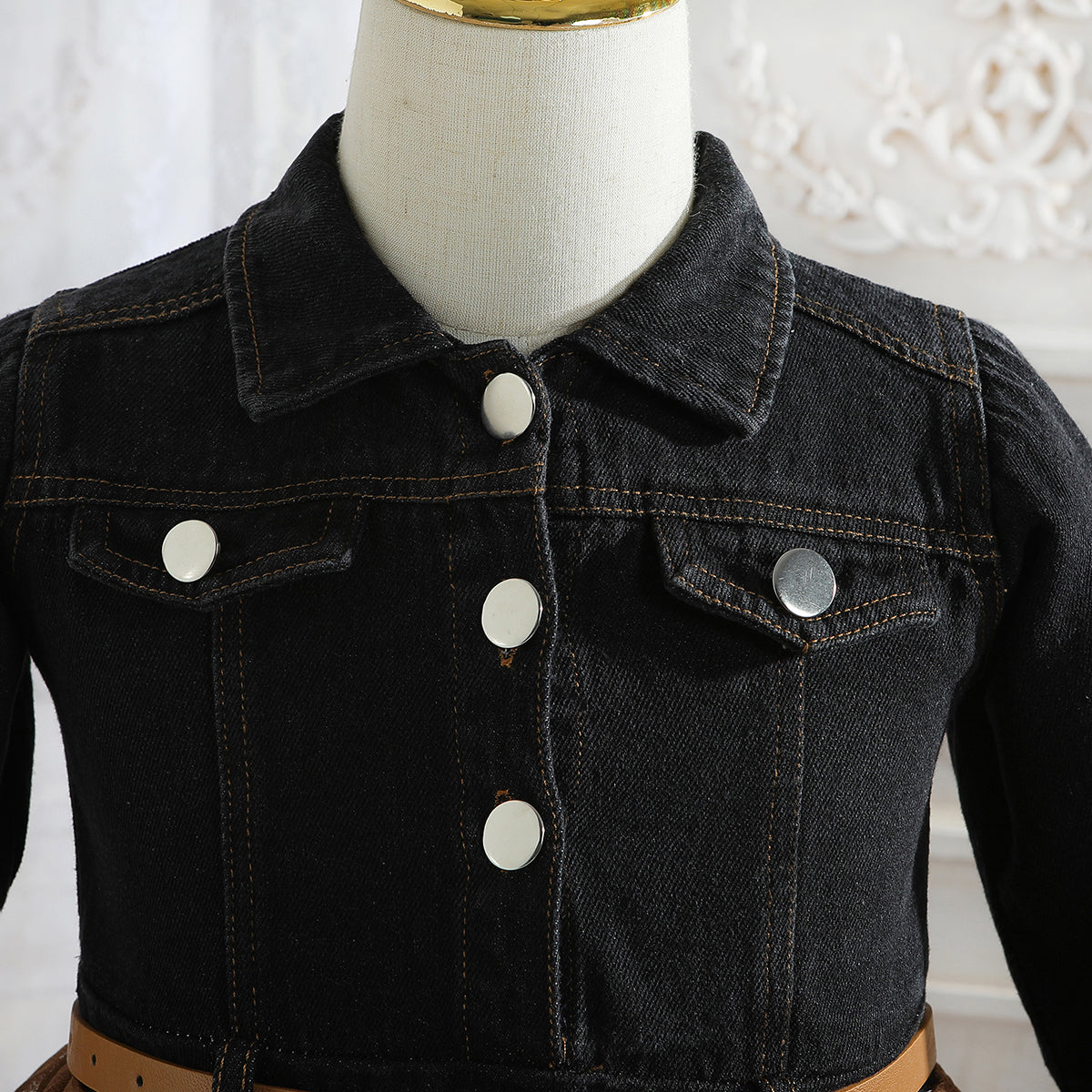 Girls Shirt Collar Denim Balloon Midi Dress