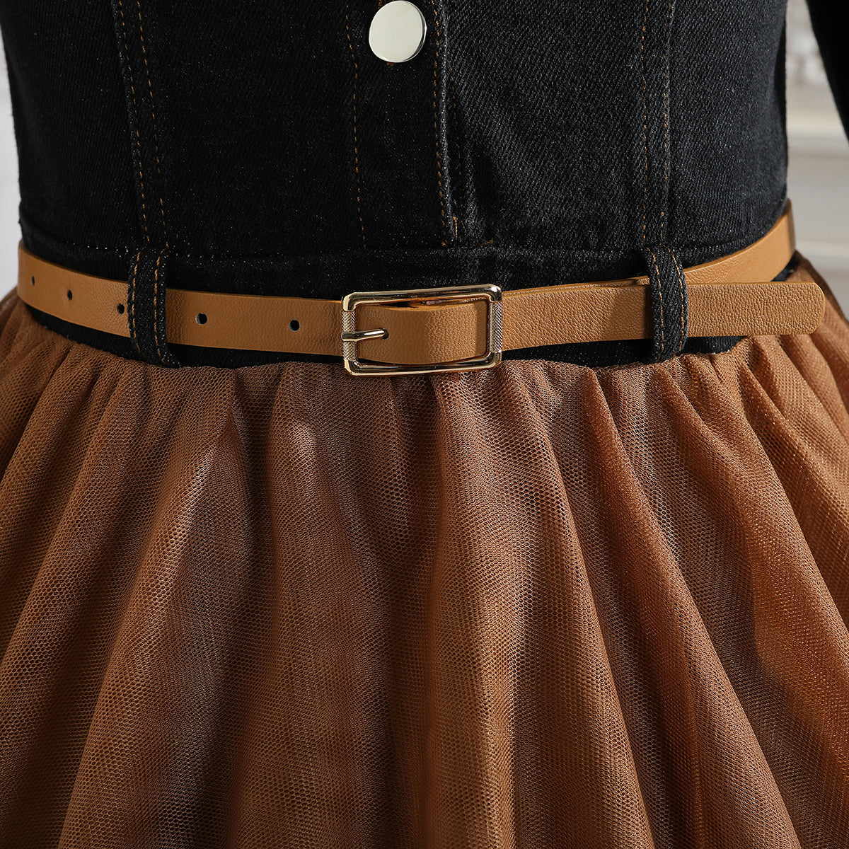 Girls Shirt Collar Denim Balloon Midi Dress