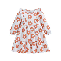 Girls White Floral Printed Round Neck Ruffled Fit & Flare Dress