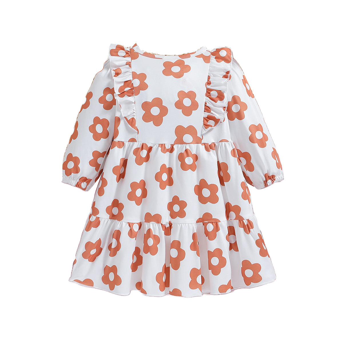 Girls White Floral Printed Round Neck Ruffled Fit & Flare Dress