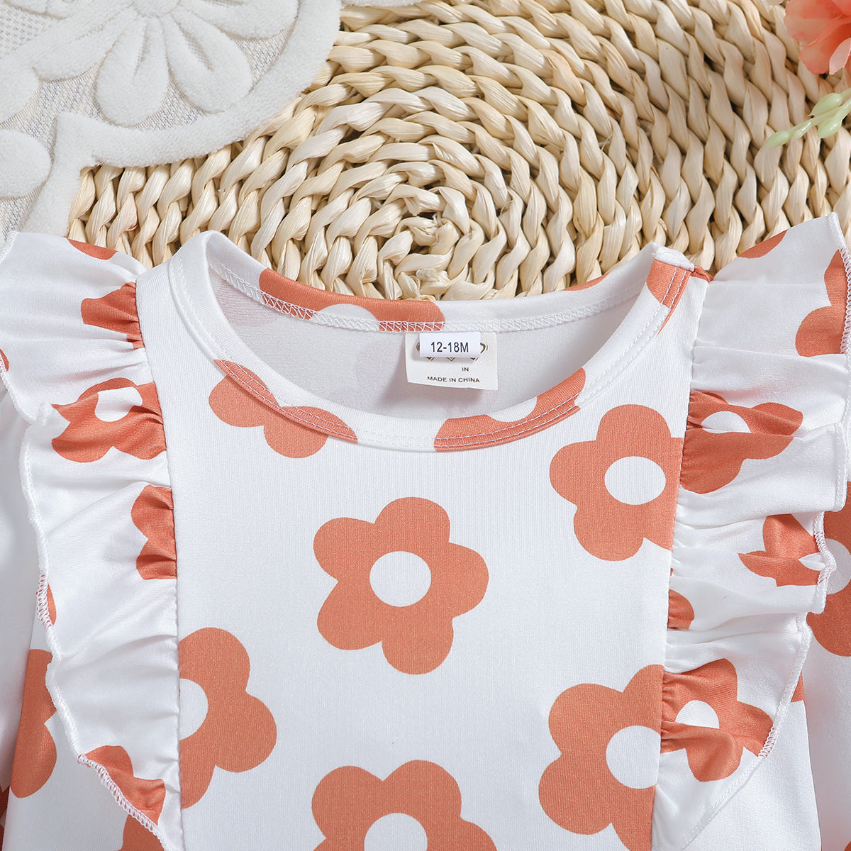 Girls White Floral Printed Round Neck Ruffled Fit & Flare Dress