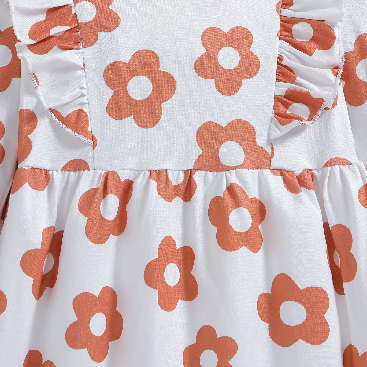 Girls White Floral Printed Round Neck Ruffled Fit & Flare Dress